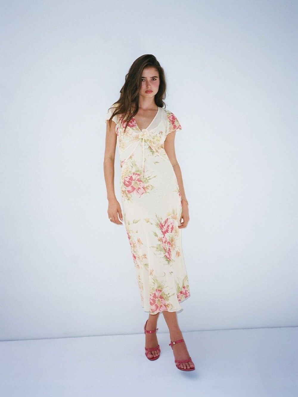 New Realisation Par Meg in Rosette Large 100% Silk Midi Dress with Silk Slip